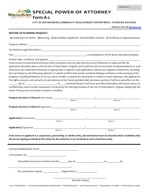 Special Power of Attorney Form A-2, City of Waynesboro form, first page