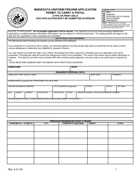 First page of the Minnesota Uniform Firearm Application Permit to Carry a Pistol