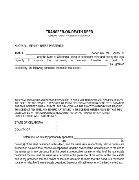 Transfer on Death Deed with Power of Revocation, Rogers County form, first page