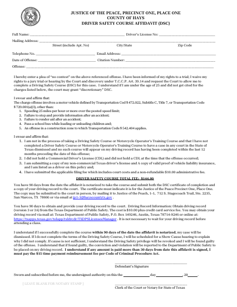 Driver Safety Course Affidavit, Hays County form, first page