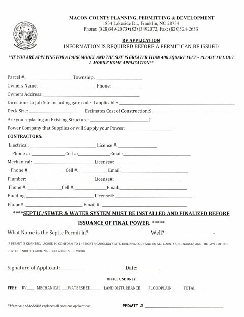RV Application, Macon County form, first page