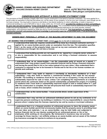 First page of the Owner/Builder Affidavit & Disclosure Statement