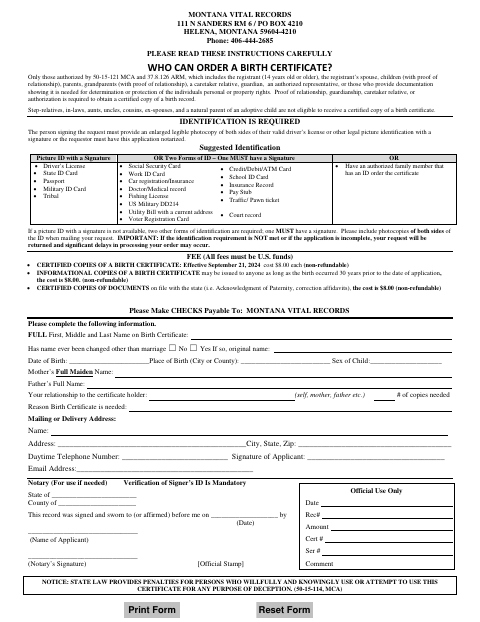 Birth Certificate Application, Meagher County form, first page