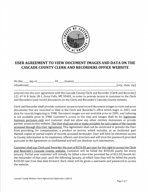 Website User Agreement, Cascade County form, first page
