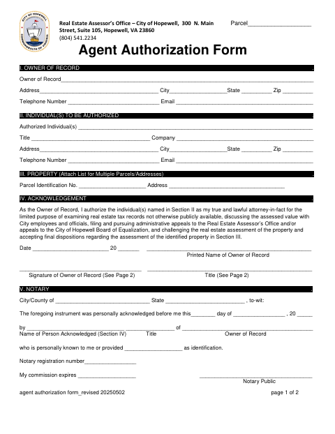 Agent Authorization Form, City of Hopewell form, first page