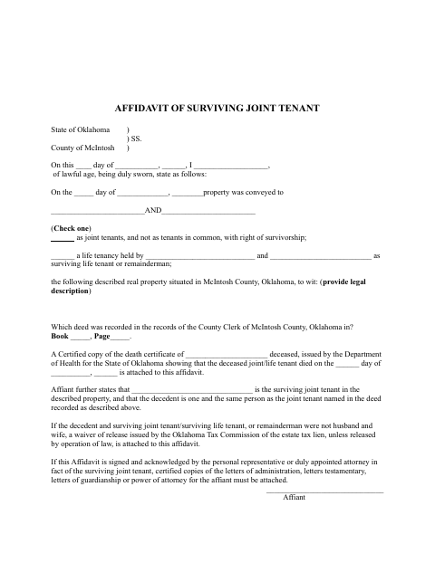 Affidavit of Surviving Joint Tenant, McIntosh County form, first page