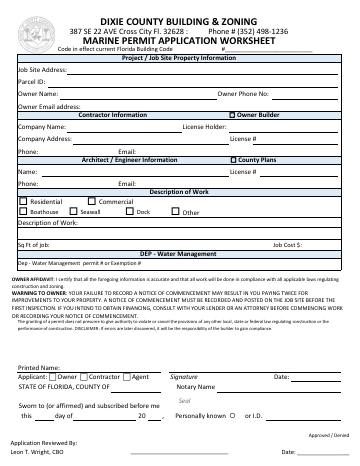 MARINE PERMIT APPLICATION WORKSHEET - Dixie County — Dixie County form, first page