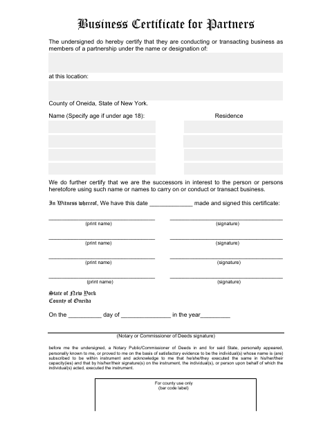 Business Certificate for Partners, Oneida County form, first page