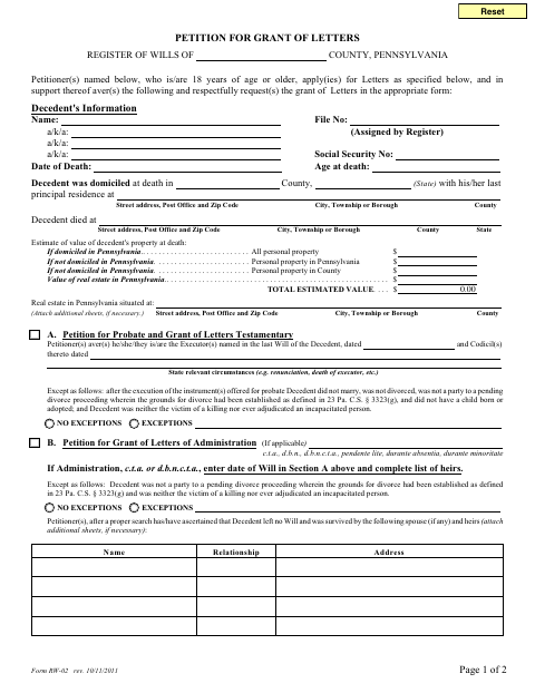 Petition for Grant of Letters, Butler County form, first page