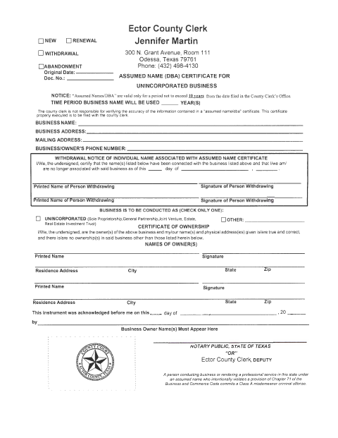 Assumed Name Certificate for Unincorporated Business, Ector County form, first page