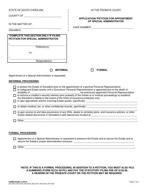 Application/Petition for Appointment of Special Administrator, Orangeburg County form, first page