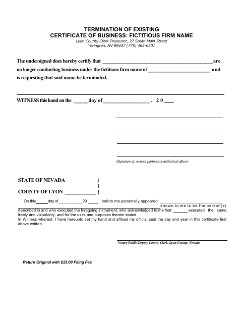 Termination of Fictitious Firm Name Certificate, Lyon County form, first page
