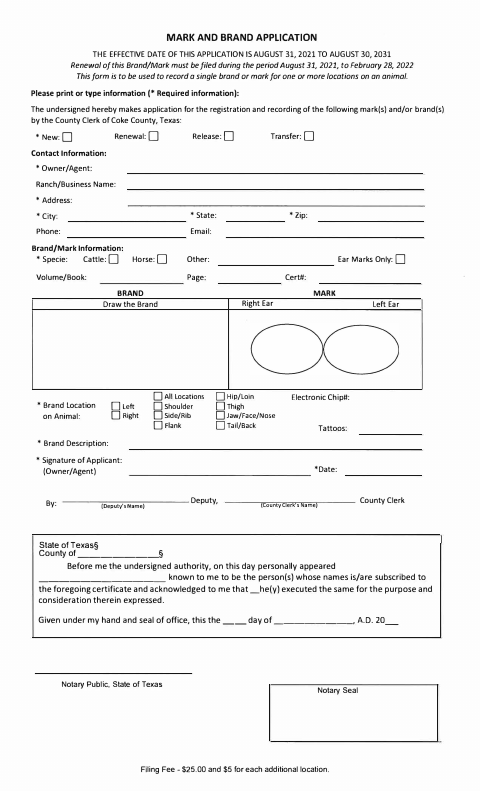 Mark and Brand Application, Coke County form, first page