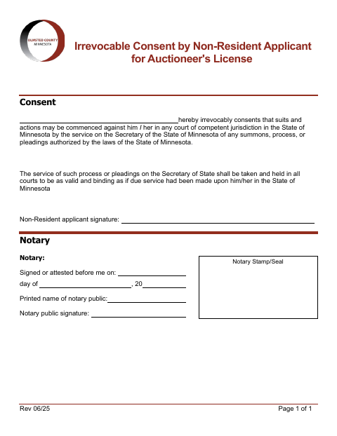 Irrevocable Consent by Non-Resident Applicant for Auctioneer’s License, Olmsted County form, first page