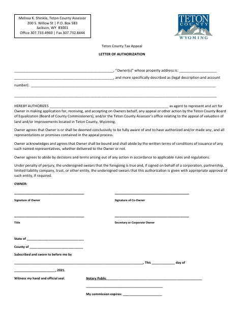 Tax Appeal Letter of Authorization, Teton County form, first page