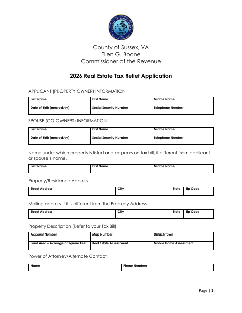 2026 Real Estate Tax Relief Application, Sussex County form, first page