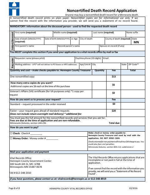 First page of the Noncertified Death Record Application