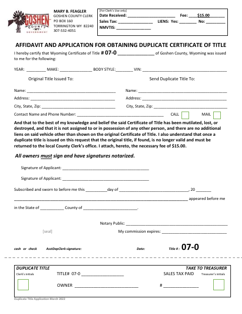 Affidavit and Application for Duplicate Certificate of Title, Goshen County form, first page