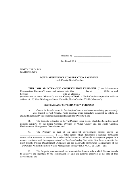 Low Maintenance Conservation Easement, Nash County form, first page