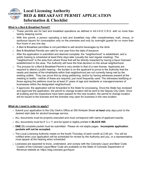 First page of the Bed & Breakfast Permit Application