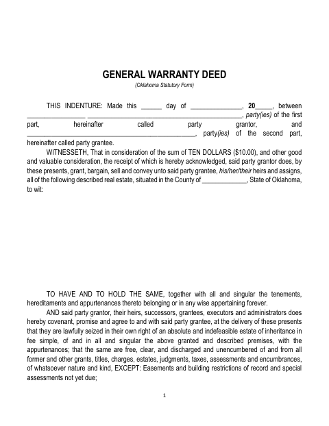 General Warranty Deed (Oklahoma Statutory Form), Rogers County form, first page