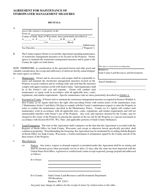 Stormwater Management Measures Maintenance Agreement, Sauk County form, first page