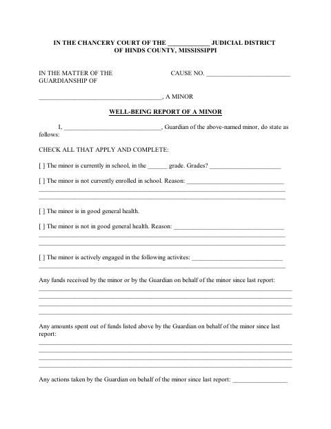Well-Being Report of a Minor, Hinds County form, first page