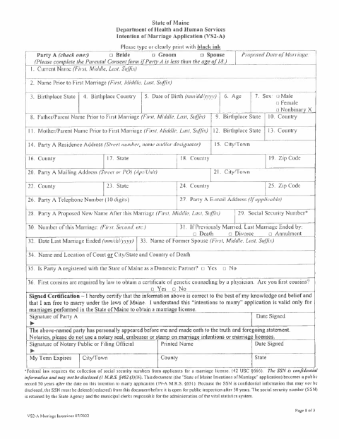 First page of the Marriage Intentions Application