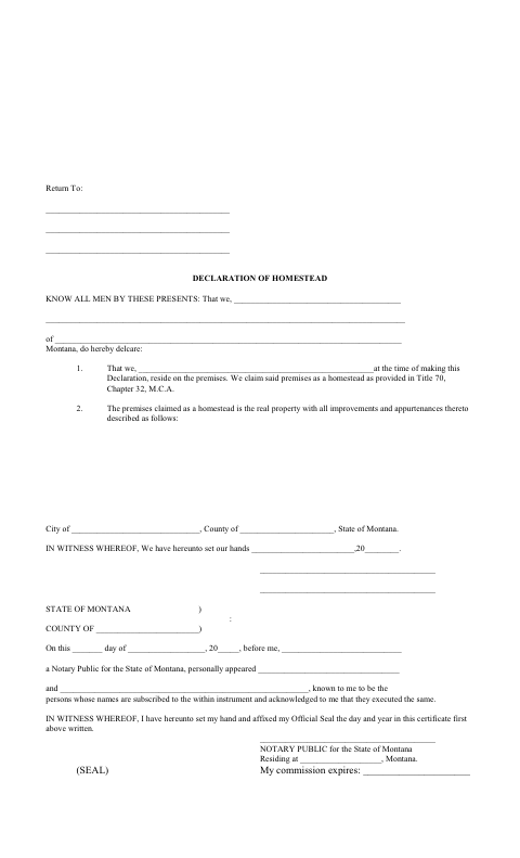 Declaration of Homestead, Jefferson County form, first page