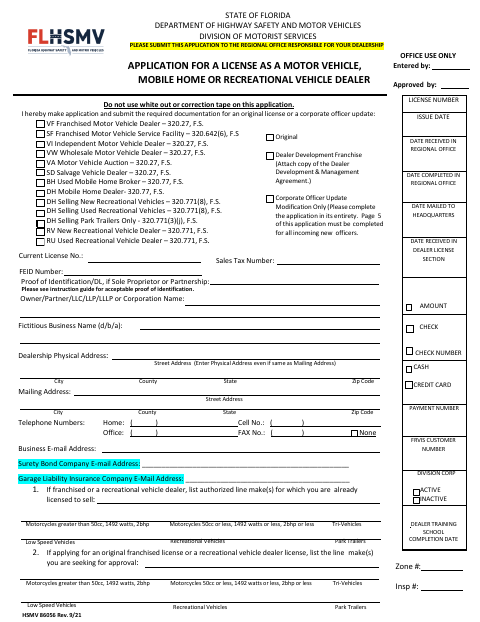 HSMV 86056 Dealer License Application first page