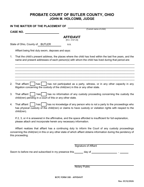 Affidavit, Butler County form, first page