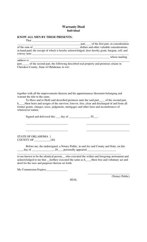 Warranty Deed Individual, Cherokee County form, first page