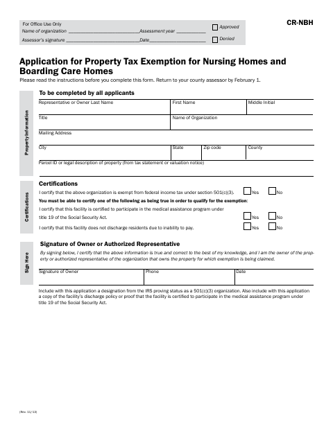 First page of the Application for Property Tax Exemption for Nursing Homes and Boarding Care Homes