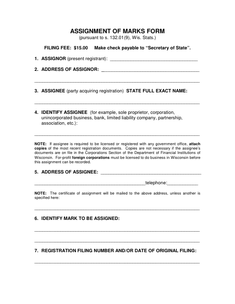 Assignment of Marks Form, Burnett County form, first page