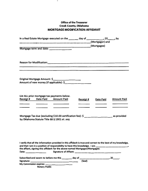Mortgage Modification Affidavit, Creek County form, first page