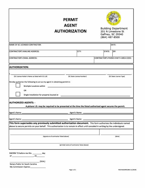 First page of the Permit Agent Authorization