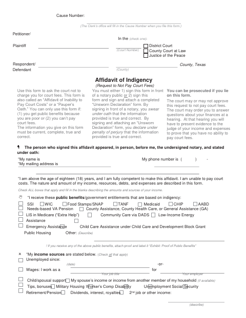 Affidavit of Indigency, Erath County form, first page
