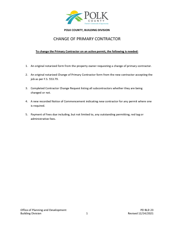 Change of Primary Contractor — Polk County form, first page