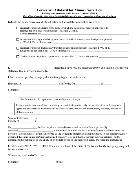 Corrective Affidavit for Minor Correction, Sierra County form, first page