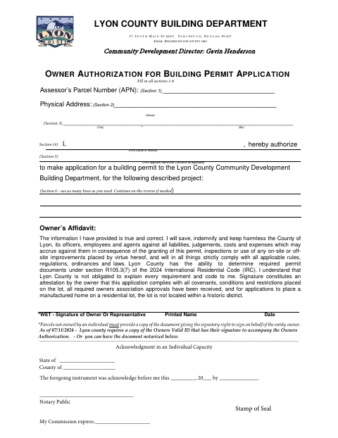 Owner Authorization for Building Permit Application, Lyon County form, first page
