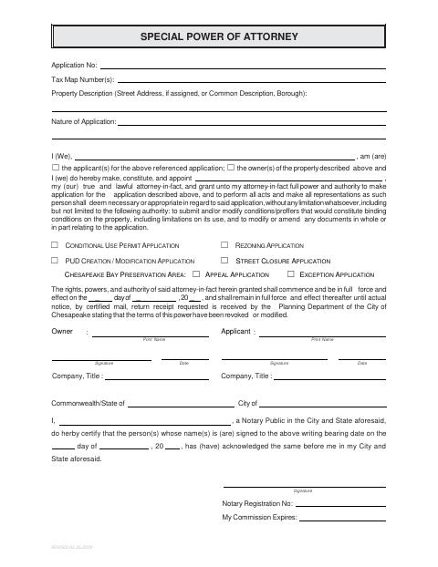 Special Power Of Attorney - Street Closures, City of Chesapeake form, first page