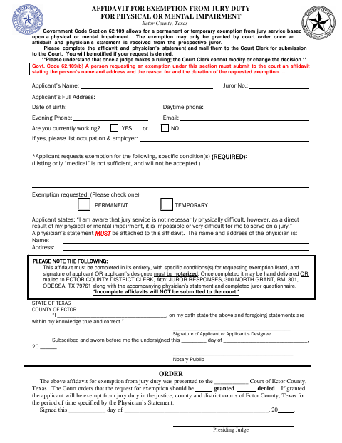 Affidavit for Exemption from Jury Duty for Physical or Mental Impairment, Ector County form, first page