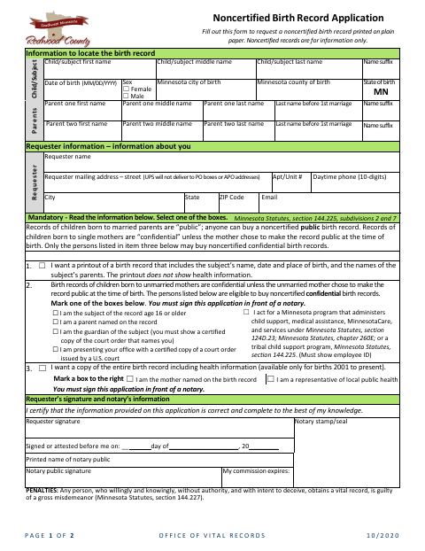 Noncertified Birth Record Application, Redwood County form, first page