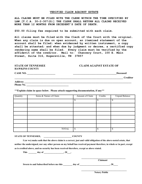 Verified Claim Against Estate, Hawkins County form, first page