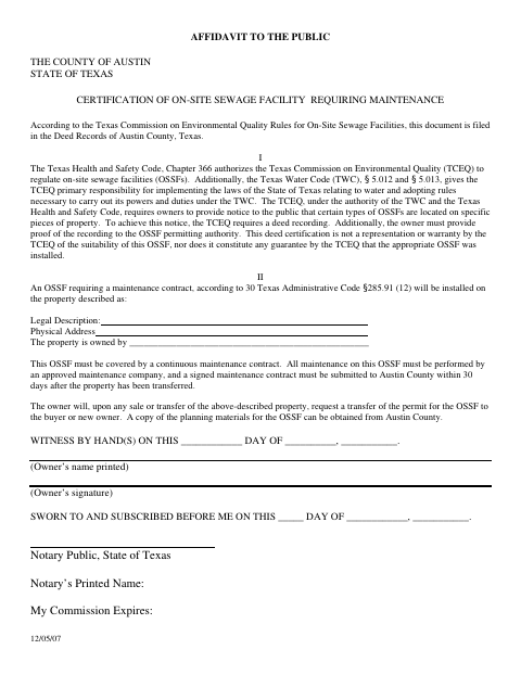 Affidavit to the Public, Austin County form, first page