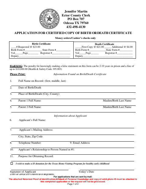 Application for Certified Copy of Birth or Death Certificate, Ector County form, first page