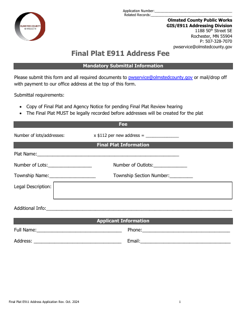 First page of the Final Plat E911 Address Application