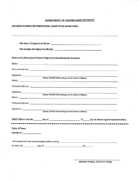 Abandonment of Assumed Name Certificate, Falls County form, first page