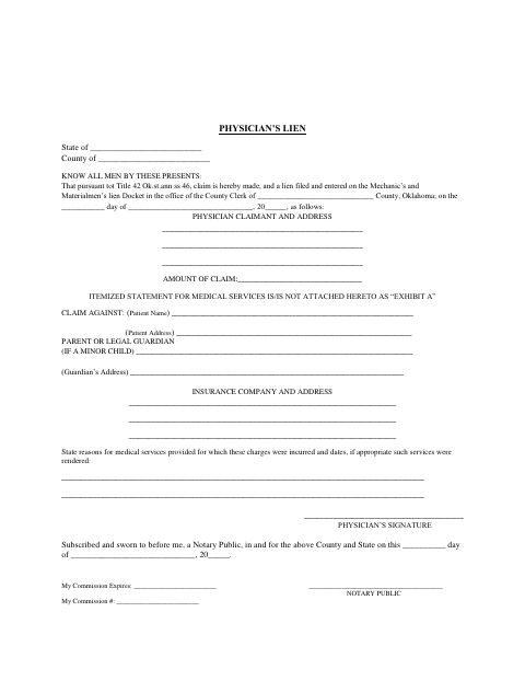 Physician’s Lien, Kay County form, first page