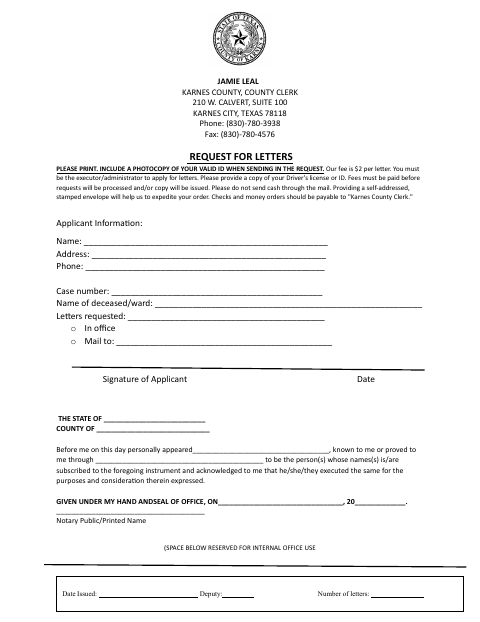 Request For Letters, Karnes County form, first page